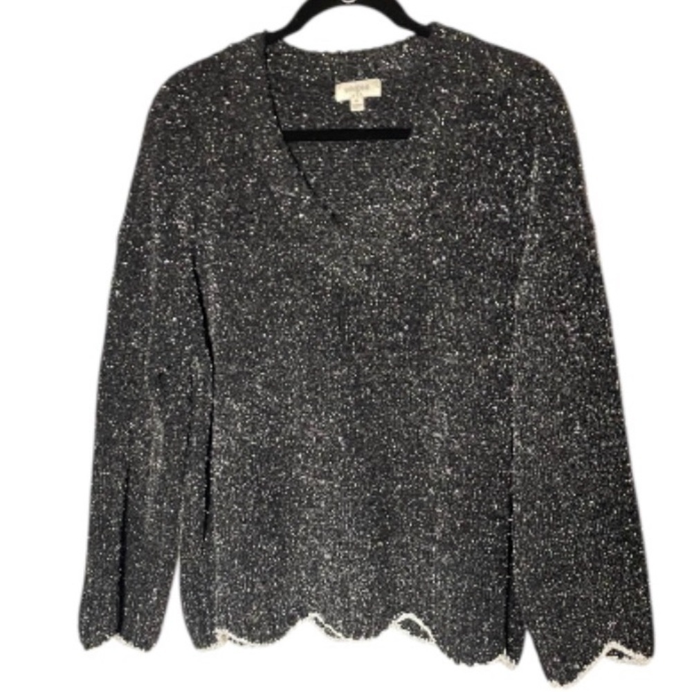 Umgee Black Sweater w/ Silver Threads Wavy Hem & Sleeves Sz M